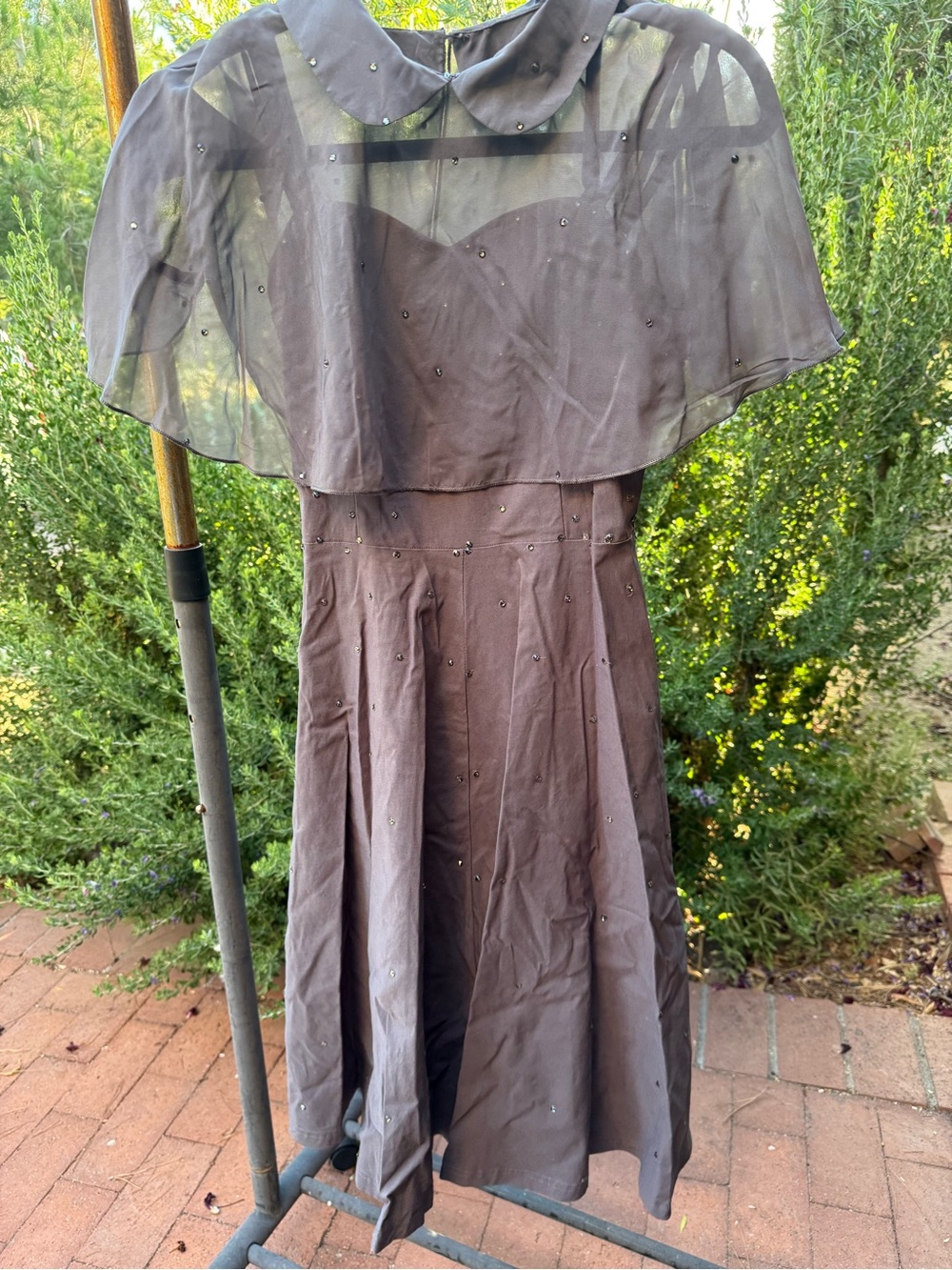 GownTown Gray Rhinestone Cape Dress Peter Pan Collar Size Small - Picture 2 of 5